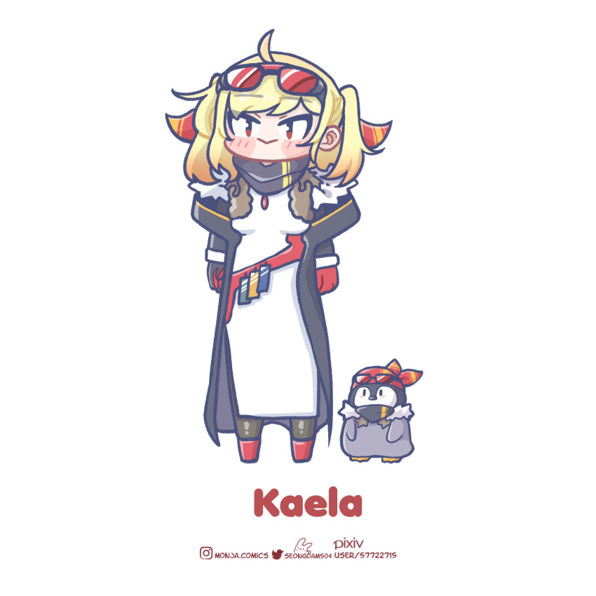 1girl, bandana, black_coat, black_scarf, blonde_hair, blush_stickers, chibi, coat