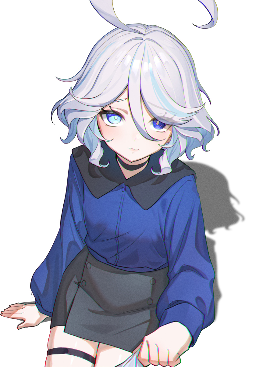 1girl, absurdres, ahoge, alternate_costume, black_skirt, blue_eyes, blue_hair, closed_mouth