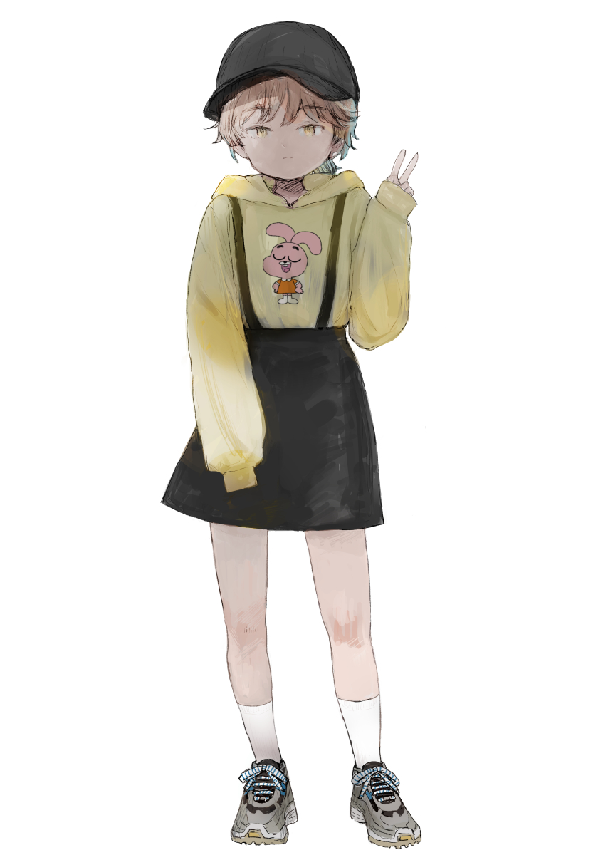 1girl, anais_watterson, asasow, baseball_cap, black_skirt, brown_eyes, brown_hair, character_print