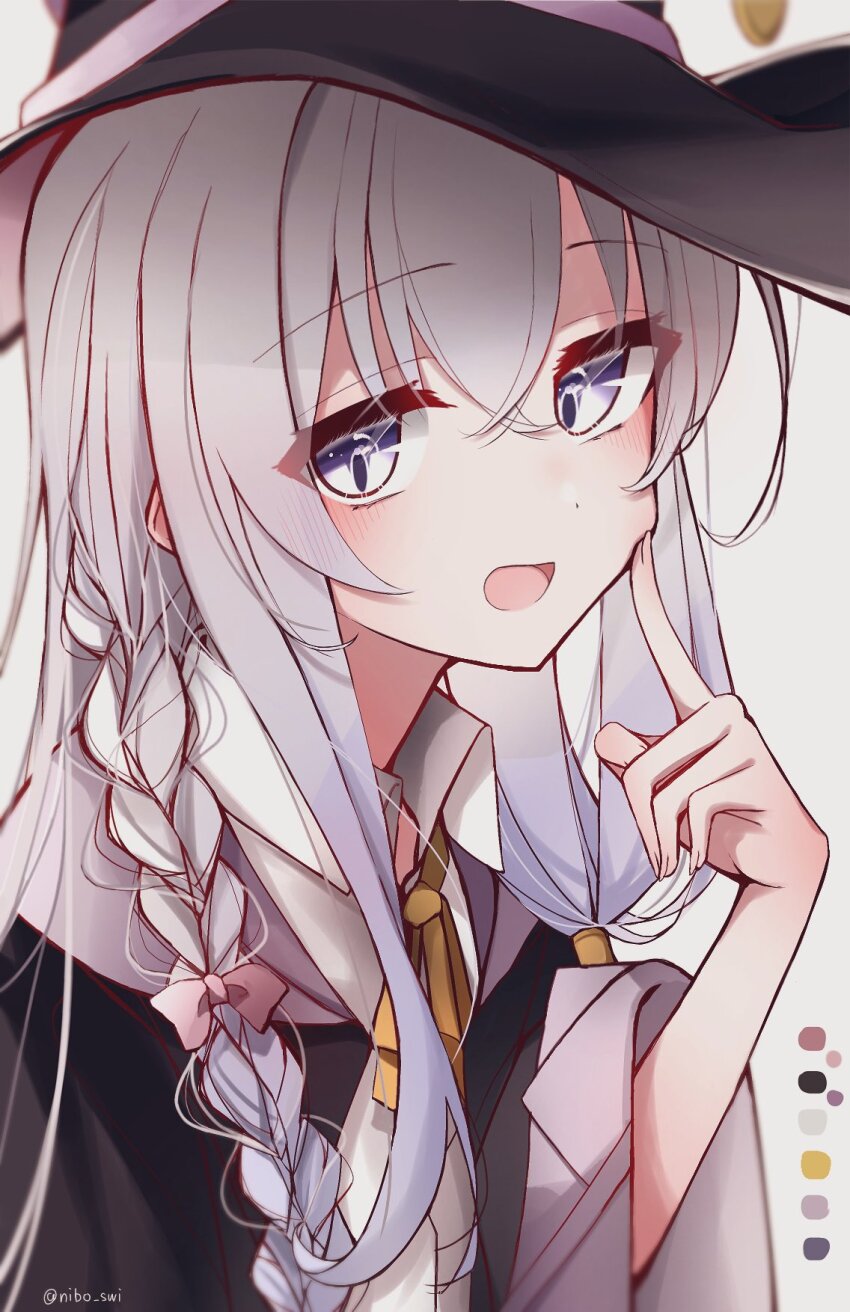 1girl, black_headwear, black_robe, bow, bowtie, braid, cheek_poking, collared_shirt, color_guide, elaina_(majo_no_tabitabi), eyelashes, facing_viewer, hat, highres, long_hair, majo_no_tabitabi, nibo_shia, open_mouth, poking, purple_eyes, ribbon, robe, shirt, signature, smile, upper_body, white_background, white_hair, witch_hat, yellow_bow, yellow_bowtie, yellow_ribbon