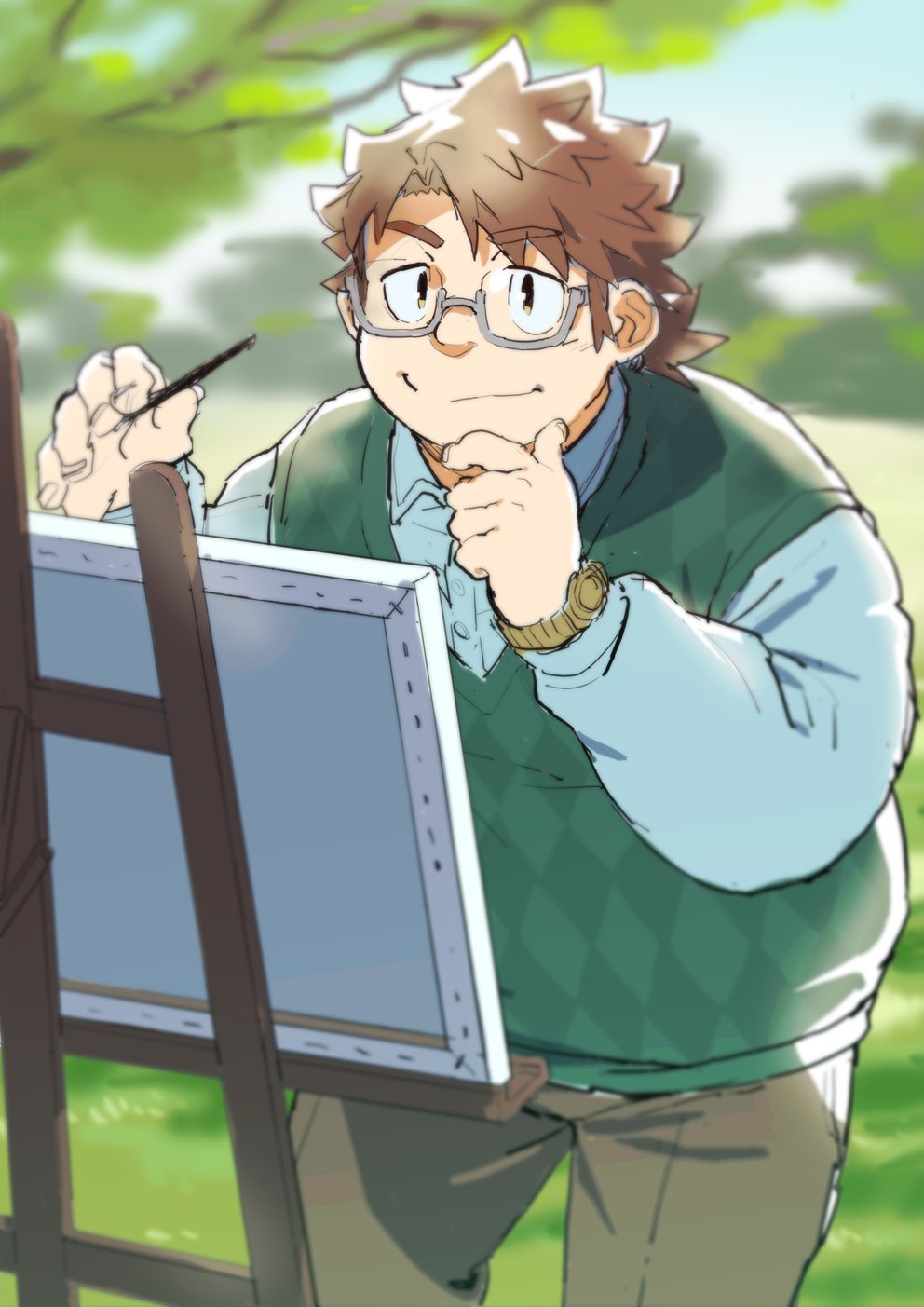 1boy, bara, blue_shirt, brown_eyes, brown_pants, canvas_(object), closed_mouth, easel