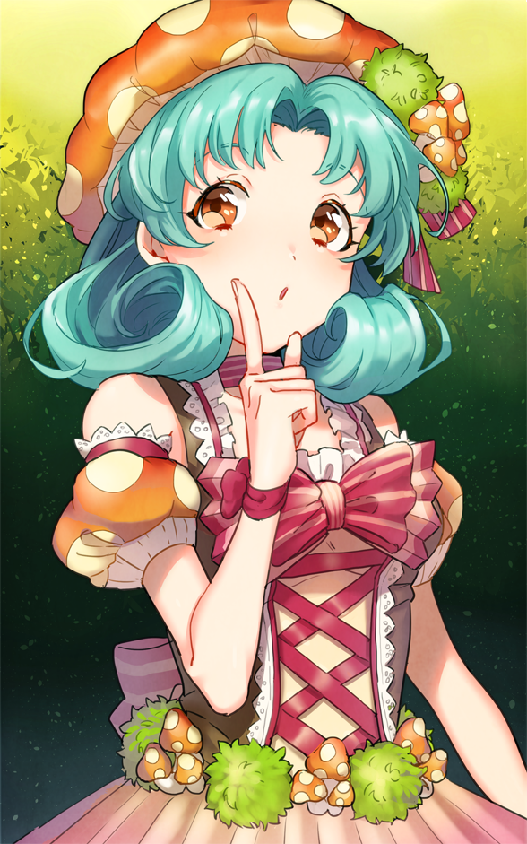 1girl, bare_shoulders, blush, bow, bowtie, breasts, brown_eyes, curly_hair