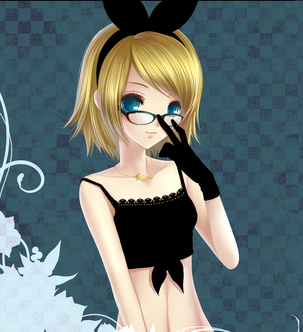 1girl, bad_id, bad_pixiv_id, blonde_hair, blue_eyes, female_focus, glasses, kagamine_rin, ouka_mai, solo, vocaloid