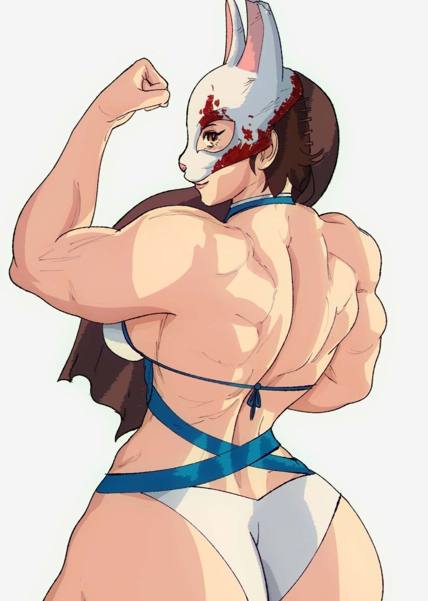 1girl, animification, ass, back, back_focus, bikini, blood_on_mask, breasts, brown_hair, clenched_hand, dead_by_daylight, flexing, floating_hair, from_behind, grey_background, highres, hooked_on_you, long_hair, mask, medium_breasts, muscular, muscular_female, pink_lips, sideboob, smile, solo, swimsuit, the_huntress_(dead_by_daylight), white_bikini, yoracrab