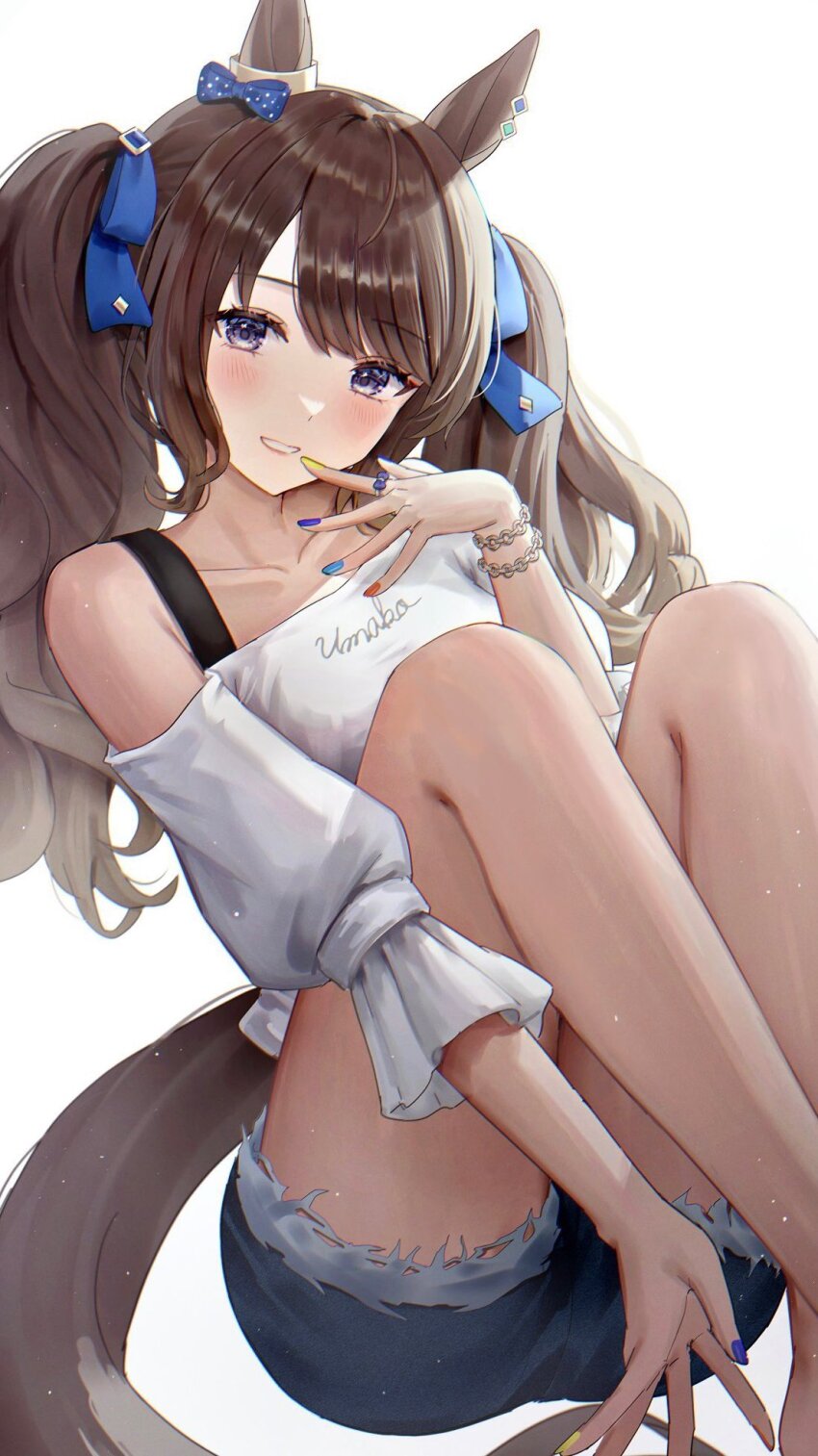 1girl, animal_ears, bare_shoulders, black_straps, blue_bow, blue_eyes, blue_nails, blue_shorts