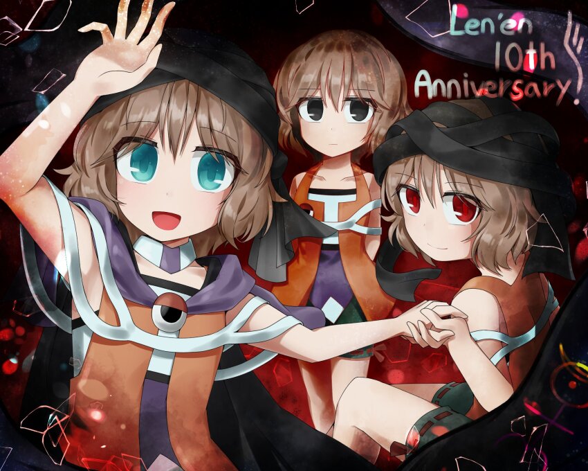 3others, androgynous, anniversary, aqua_eyes, arde_(len'en), arm_up, benny_(len'en), black_eyes