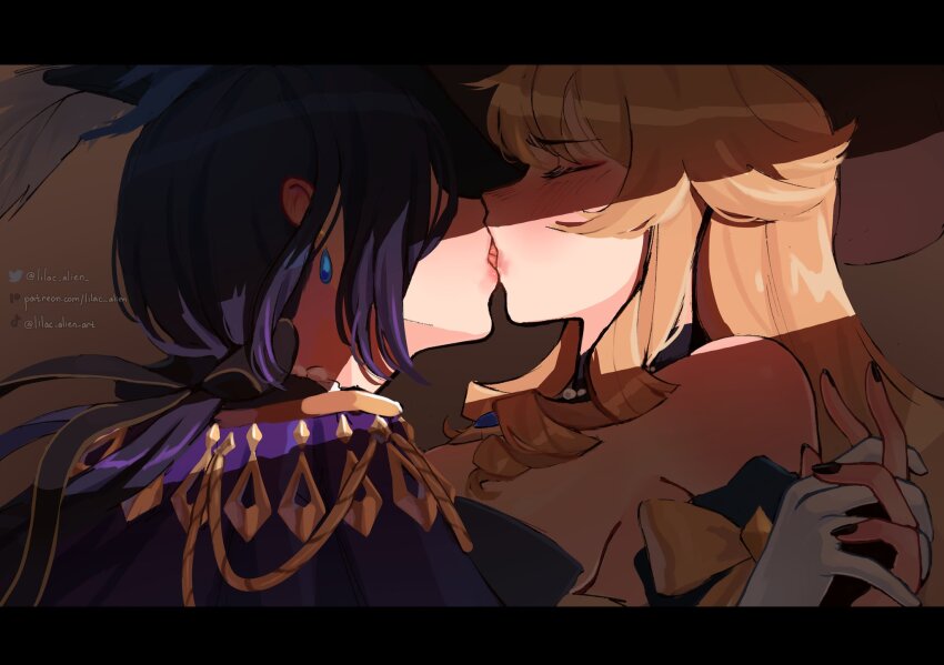 2girls, blonde_hair, blue_hair, blush, clorinde_(genshin_impact), closed_eyes, dark_blue_hair, french_kiss