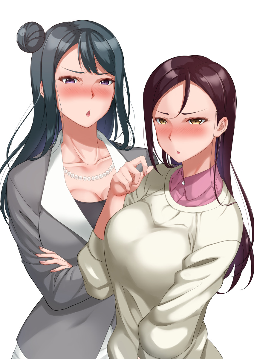 2girls, absurdres, bead_necklace, beads, blue_hair, blush, breasts, brown_hair, chestnut_mouth, chishio_(onoderayui), cleavage, collarbone, collared_shirt, commentary_request, crossed_arms, dark_blue_hair, furrowed_brow, hair_bun, highres, jewelry, large_breasts, long_hair, long_sleeves, looking_at_viewer, love_live!, love_live!_sunshine!!, mature_female, multiple_girls, necklace, parted_bangs, purple_eyes, sakurauchi_riko's_mother, shirt, simple_background, single_hair_bun, single_side_bun, sweater, tsushima_yoshiko's_mother, upper_body, white_background, white_sweater, yellow_eyes