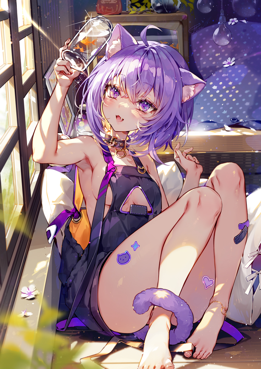 1girl, :3, ahoge, alternate_costume, animal_collar, animal_ear_fluff, animal_ears, anklet