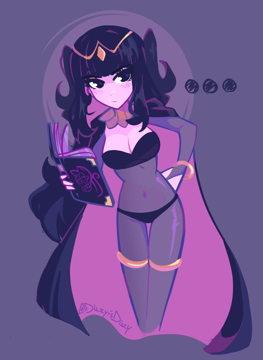 ..., absurdres, artist_name, bangle, black_cape, black_eyes, black_hair, black_panties, bodystocking, book, bracelet, breasts, bridal_gauntlets, cape, choker, cleavage, closed_mouth, covered_navel, dizzyisdizzy, dot_nose, fire_emblem, fire_emblem_awakening, garfield_(character), gold, highres, holding, holding_book, jewelry, medium_breasts, medium_hair, nintendo, panties, pink_cape, purple_background, simple_background, skin_tight, tharja_(fire_emblem), thighlet, tiara, twitter_username, two-sided_cape, two-sided_fabric, two-tone_cape, two_side_up, underwear