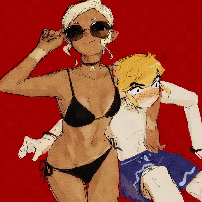 !?, 1boy, 1girl, adjusting_eyewear, arm_around_shoulder, bikini, black_bikini, blonde_hair, blue_swim_trunks, blush, breasts, highres, link, male_swimwear, nintendo, pointy_ears, senzo6700, simple_background, sketch, small_breasts, smile, sunglasses, swim_trunks, swimsuit, tan, tanline, tetra, texture, the_legend_of_zelda, the_legend_of_zelda:_the_wind_waker, toon_link