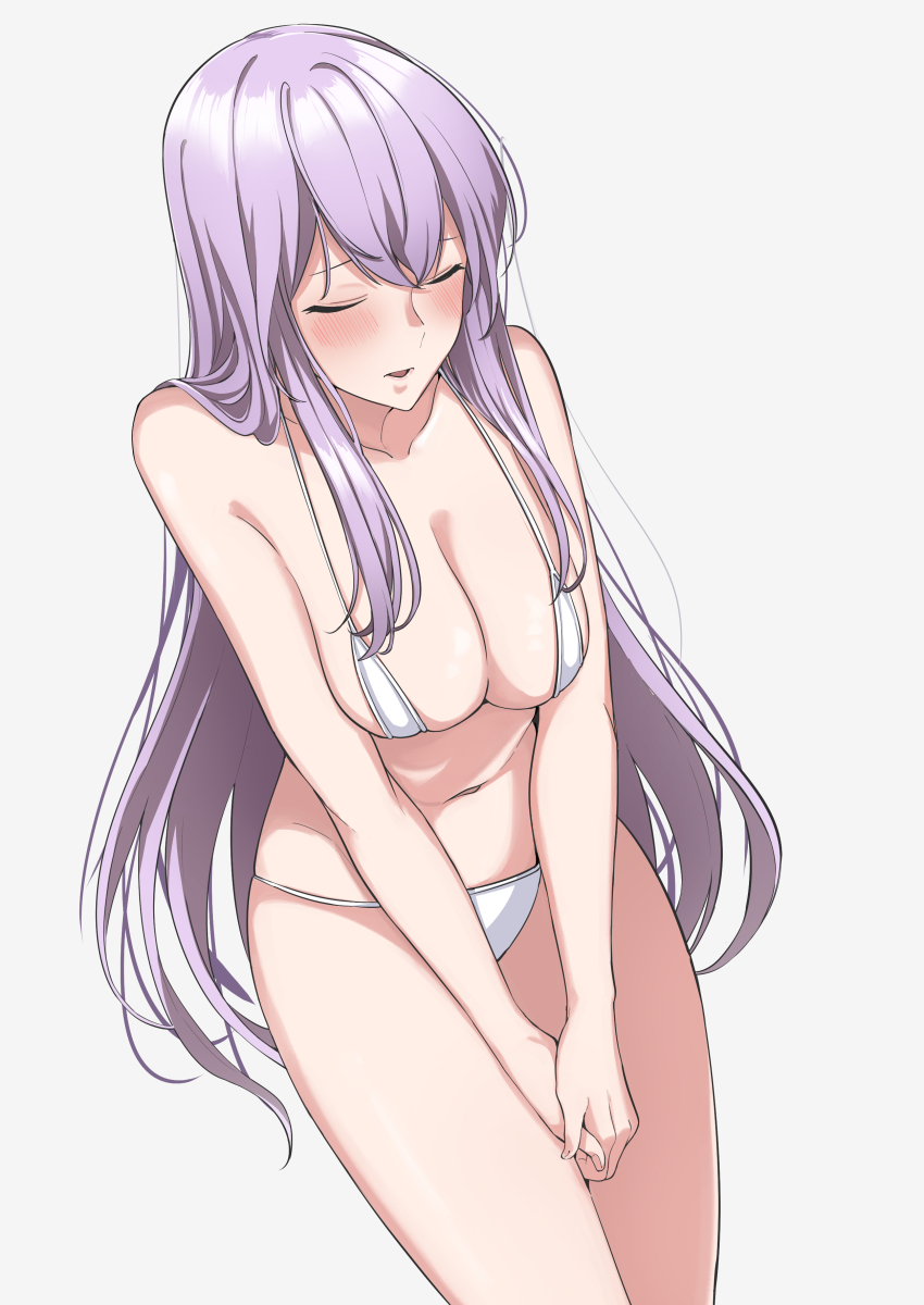 1girl, absurdres, bare_shoulders, blush, breasts, cleavage, closed_eyes, commentary