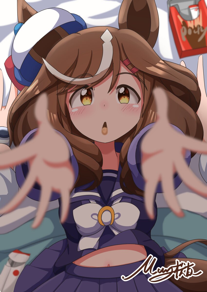 1girl, absurdres, animal_ears, bed, blurry, blush, breasts, brown_hair