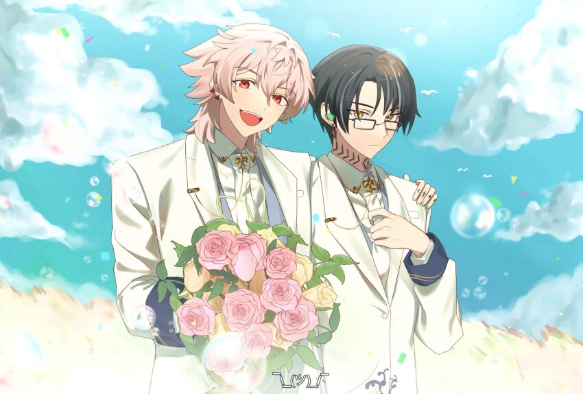 2boys, bouquet, earrings, expressionless, finger_tattoo, flower, glasses, highres