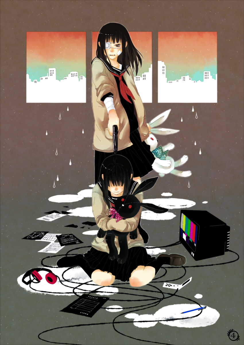 2girls, bad_id, bad_pixiv_id, bandages, black_hair, brown_eyes, rabbit, eyepatch