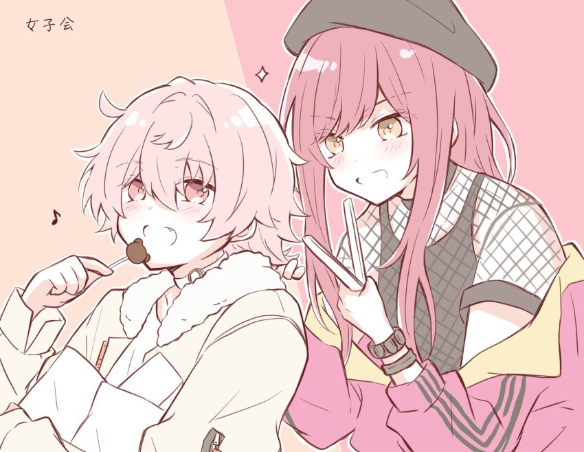 1boy, 1other, androgynous, anne_faulkner, beret, black_headwear, black_tank_top, blush, candy, fang, fishnet_top, fishnets, food, hari_nyan_nyan, hat, highres, holding, holding_candy, holding_food, holding_lollipop, jacket, lollipop, open_mouth, orange_background, paradox_live, pink_background, pink_eyes, pink_hair, pink_jacket, red_hair, rokuta_(paradox_live), smile, tank_top, yellow_eyes, yellow_jacket