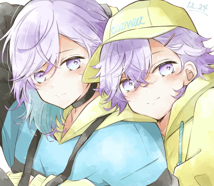 2boys, aqua_hair, baseball_cap, black_choker, blue_shirt, brothers, choker, dated