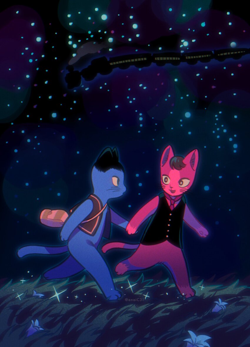 2boys, bag, belt, black_vest, bright_pupils, brown_belt, brown_eyes, brown_hair