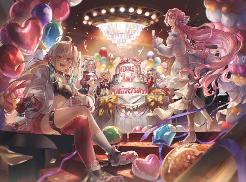 5girls, :d, anniversary, asymmetrical_legwear, balloon, bare_shoulders, black_collar, black_dress