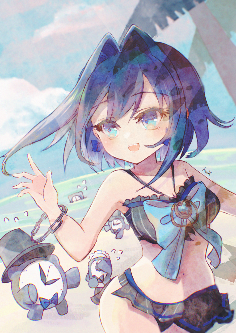 1girl, adapted_costume, asashi_kaede, bare_shoulders, beach, bikini, bikini_skirt, black_bikini, black_hair, blue_eyes, blue_hair, blue_sky, bow, bow_earrings, bracelet, breasts, commentary, dark_blue_hair, earrings, eyelashes, frilled_bikini, frills, hair_intakes, halterneck, highres, hololive, hololive_english, jewelry, kronie_(ouro_kronii), medium_breasts, ouro_kronii, ouro_kronii_(1st_costume), pinstripe_bikini, pinstripe_pattern, short_hair, sky, solo_focus, striped_bikini, striped_clothes, swimsuit, vertical-striped_bikini, vertical-striped_clothes, virtual_youtuber, watercolor_effect, waving