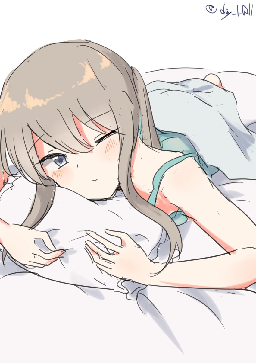 1girl, absurdres, alternate_costume, bed, blue_camisole, camisole, graf_zeppelin_(kancolle), grey_eyes
