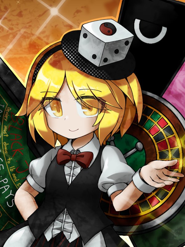 1other, androgynous, black_vest, blonde_hair, bow, bowtie, center_frills, closed_mouth, collared_shirt, commentary, dice, english_commentary, english_text, eyes_visible_through_hair, frills, len'en, other_focus, puffy_short_sleeves, puffy_sleeves, red_bow, red_bowtie, shirt, short_hair, short_sleeves, smile, solo, upper_body, vest, websci_3357, white_shirt, white_wrist_cuffs, wrist_cuffs, xeno_a, yellow_eyes