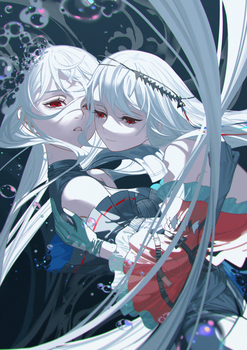 2girls, absurdres, aqua_gloves, arknights, black_shirt, black_sleeves, bubble, detached_sleeves