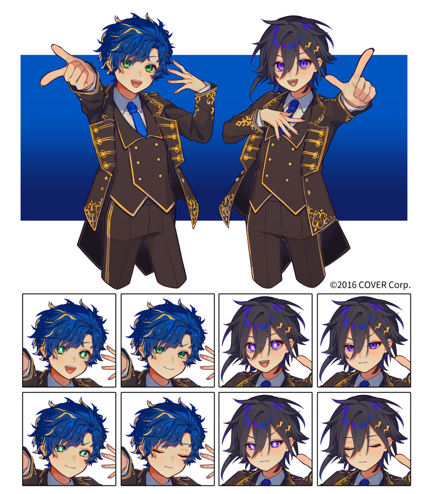 >:), 2boys, :3, :d, absurdres, amenochi_hare, astel_leda, black_hair, black_jacket, black_nails, black_pants, black_vest, blonde_hair, blue_background, blue_hair, blue_necktie, border, buttons, closed_eyes, closed_mouth, collared_shirt, copyright_notice, cropped_legs, double-breasted, multiple_expressions, fangs, gold_trim, green_eyes, hair_between_eyes, hair_ornament, hairclip, hand_on_own_chest, hands_up, highres, holostars, holostars_idol_uniform_(2nd_act), idol_clothes, jacket, kanade_izuru, lapels, light_blush, lightning_bolt, lightning_bolt_hair_ornament, lightning_bolt_symbol, long_sleeves, looking_at_viewer, male_focus, multicolored_hair, multiple_boys, multiple_views, necktie, notched_lapels, official_alternate_costume, official_art, open_mouth, oshi_no_ko, outside_border, outstretched_arm, pants, pointing, pointing_at_viewer, purple_eyes, shirt, short_hair, slit_pupils, smile, sparkle, star-shaped_pupils, star_(symbol), starry_hair, streaked_hair, swept_bangs, symbol-shaped_pupils, tailcoat, teeth, upper_body, v-shaped_eyebrows, vest, virtual_youtuber, white_border, white_shirt