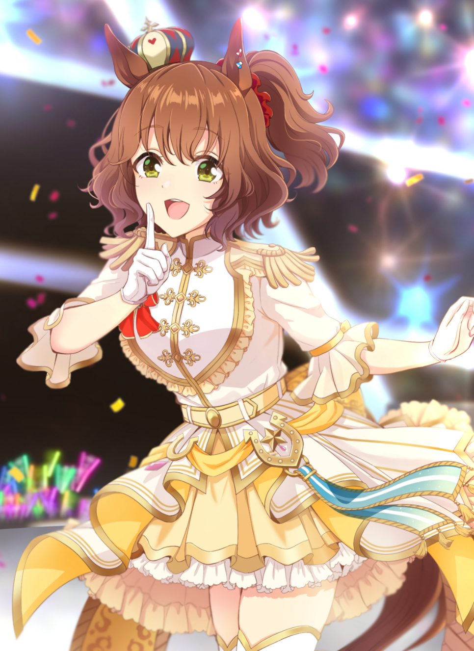 1girl, :d, animal_ears, aston_machan_(umamusume), breasts, brown_hair, cowboy_shot, epaulettes