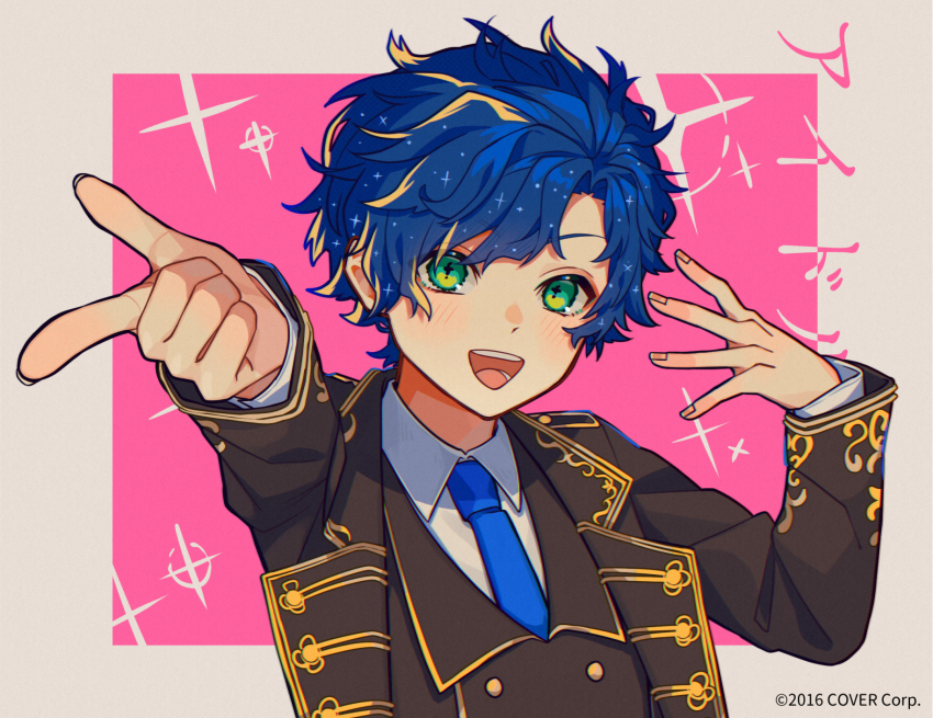 1boy, :d, amenochi_hare, astel_leda, black_jacket, black_vest, blonde_hair, blue_hair, blue_necktie, buttons, collared_shirt, copyright_notice, double-breasted, gold_trim, green_eyes, hands_up, highres, holostars, holostars_idol_uniform_(2nd_act), idol_clothes, jacket, lapels, light_blush, long_sleeves, looking_at_viewer, male_focus, multicolored_hair, necktie, notched_lapels, official_alternate_costume, official_art, open_mouth, oshi_no_ko, outside_border, outstretched_arm, pink_background, pointing, pointing_at_viewer, shirt, short_hair, smile, solo, sparkle, starry_hair, streaked_hair, swept_bangs, teeth, upper_body, vest, virtual_youtuber, white_shirt