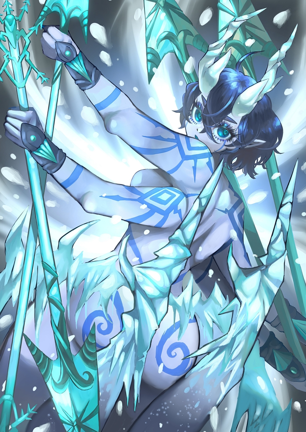 1girl, arm_tattoo, ass, back_tattoo, black_hair, breasts, colored_skin, crystal, debris, extra_arms, from_behind, gauntlets, green_eyes, highres, holding, holding_polearm, holding_weapon, horns, medium_breasts, no_nipples, no_pupils, nude, open_mouth, original, pointy_ears, polearm, shiboo_mazuru, short_hair, shoulder_tattoo, solo, spear, tattoo, weapon