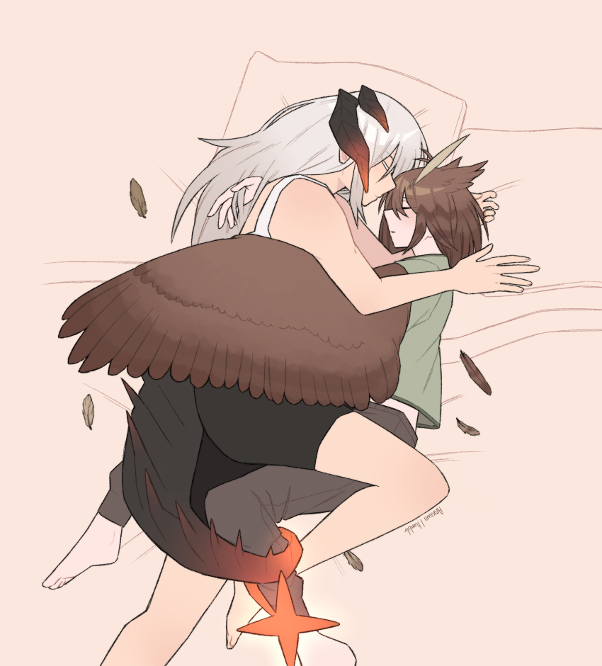 2girls, absurdres, arkiwi, arknights, black_pants, black_shorts, brown_hair, closed_eyes