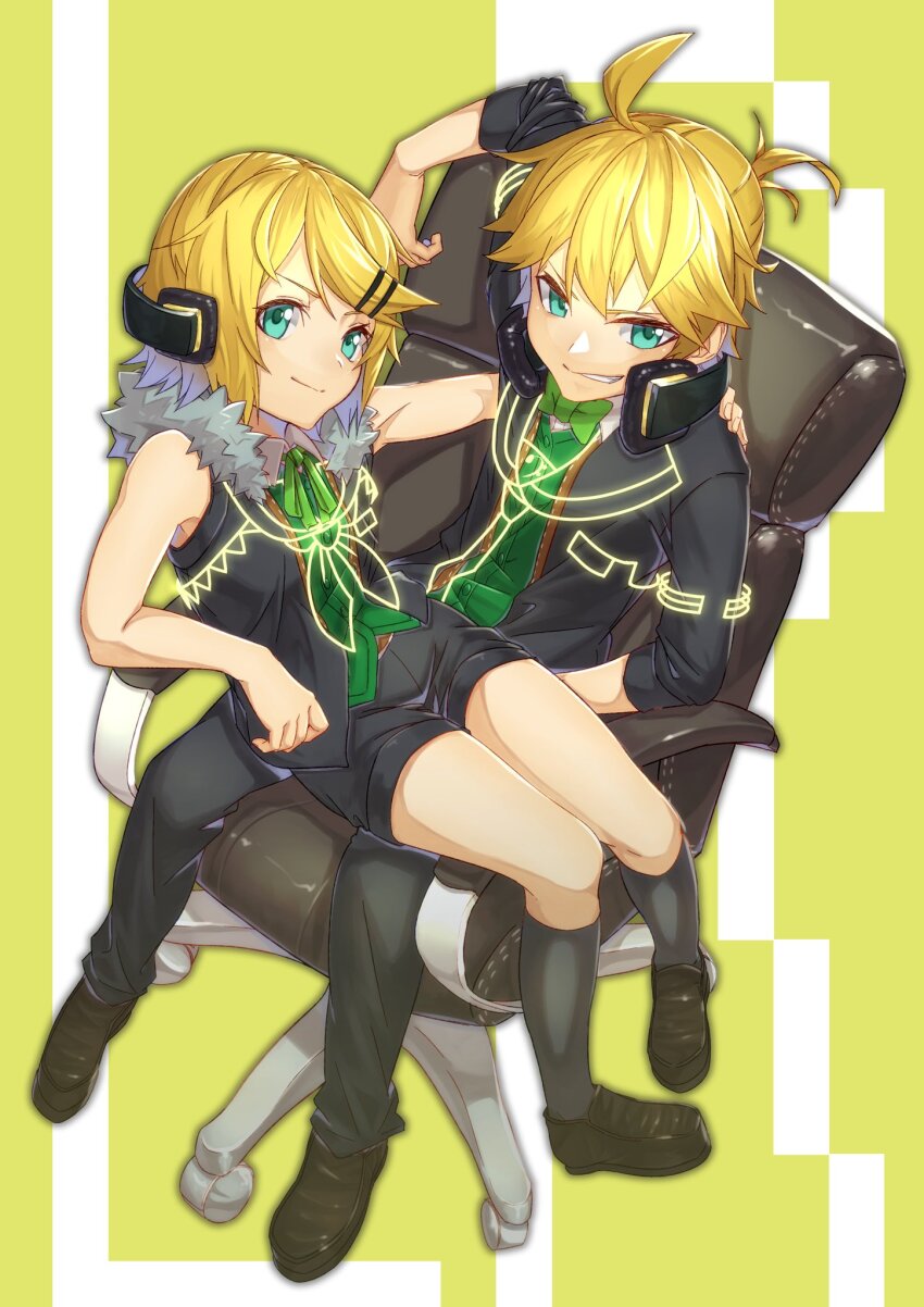 1boy, 1girl, black_footwear, black_pants, black_shorts, black_socks, blonde_hair, blue_eyes