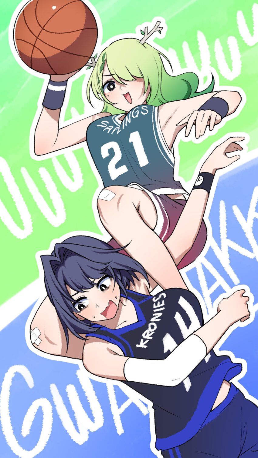 2girls, absurdres, ball, bandaid, bandaid_on_knee, bandaid_on_leg, basketball, basketball_(object)