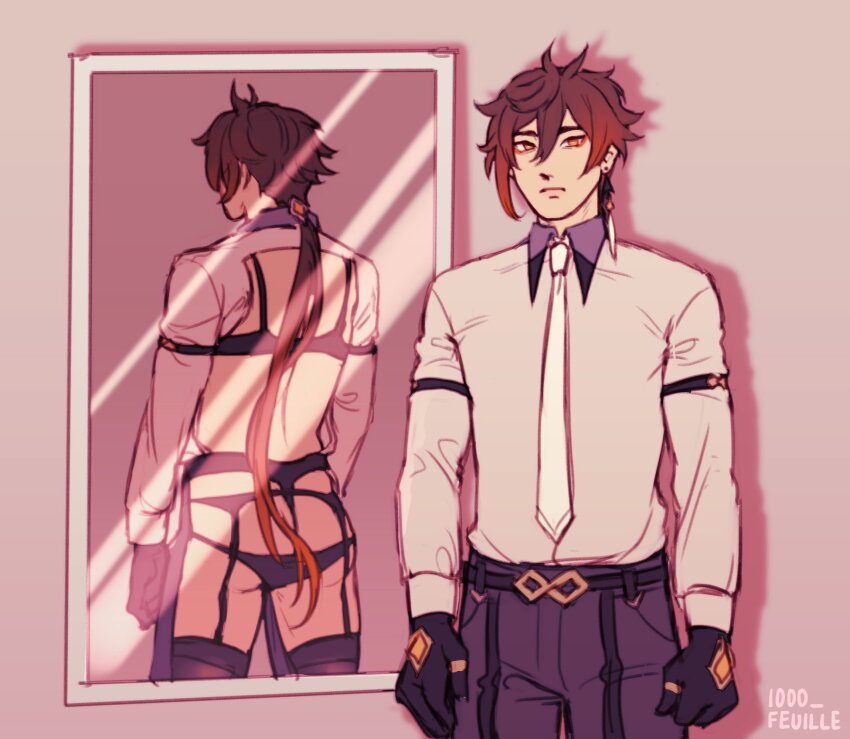 1000_feuille, 1boy, ass, back_view_in_reflection, backless_outfit, black_bra, black_garter_belt, black_gloves