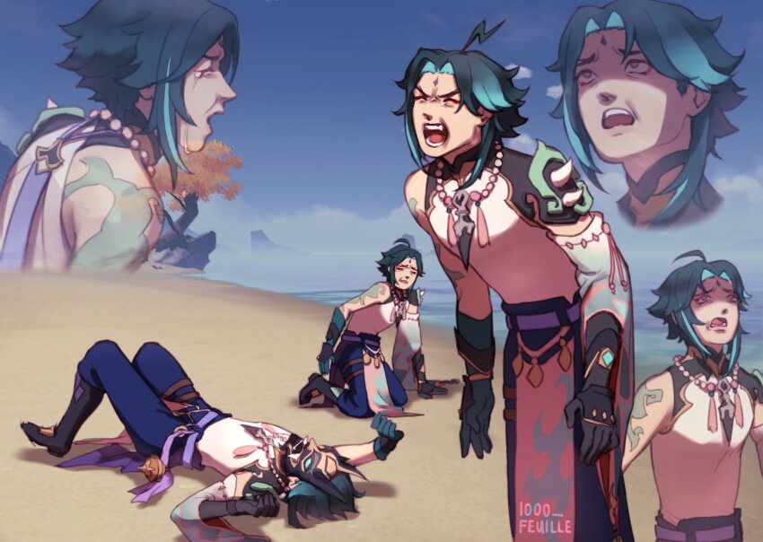 1000_feuille, 1boy, arm_tattoo, asymmetrical_clothes, asymmetrical_gloves, bead_necklace, beads, black_gloves