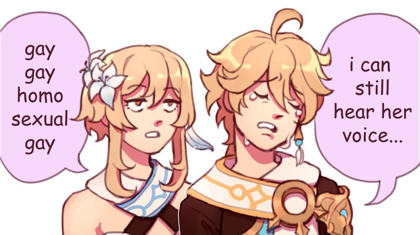 1000_feuille, 1boy, 1girl, aether_(genshin_impact), bare_shoulders, behind_another, blonde_hair, braid, braided_ponytail, brother_and_sister, dress, earrings, english_text, feather_hair_ornament, feathers, flower, gay_gay_homosexual_gay_(meme), genshin_impact, gold_trim, hair_between_eyes, hair_flower, hair_ornament, highres, jewelry, lily_(flower), long_hair, looking_at_viewer, lumine_(genshin_impact), meme, open_mouth, orange_eyes, scarf, short_hair_with_long_locks, siblings, single_braid, single_earring, upper_body, white_dress, white_flower, white_scarf