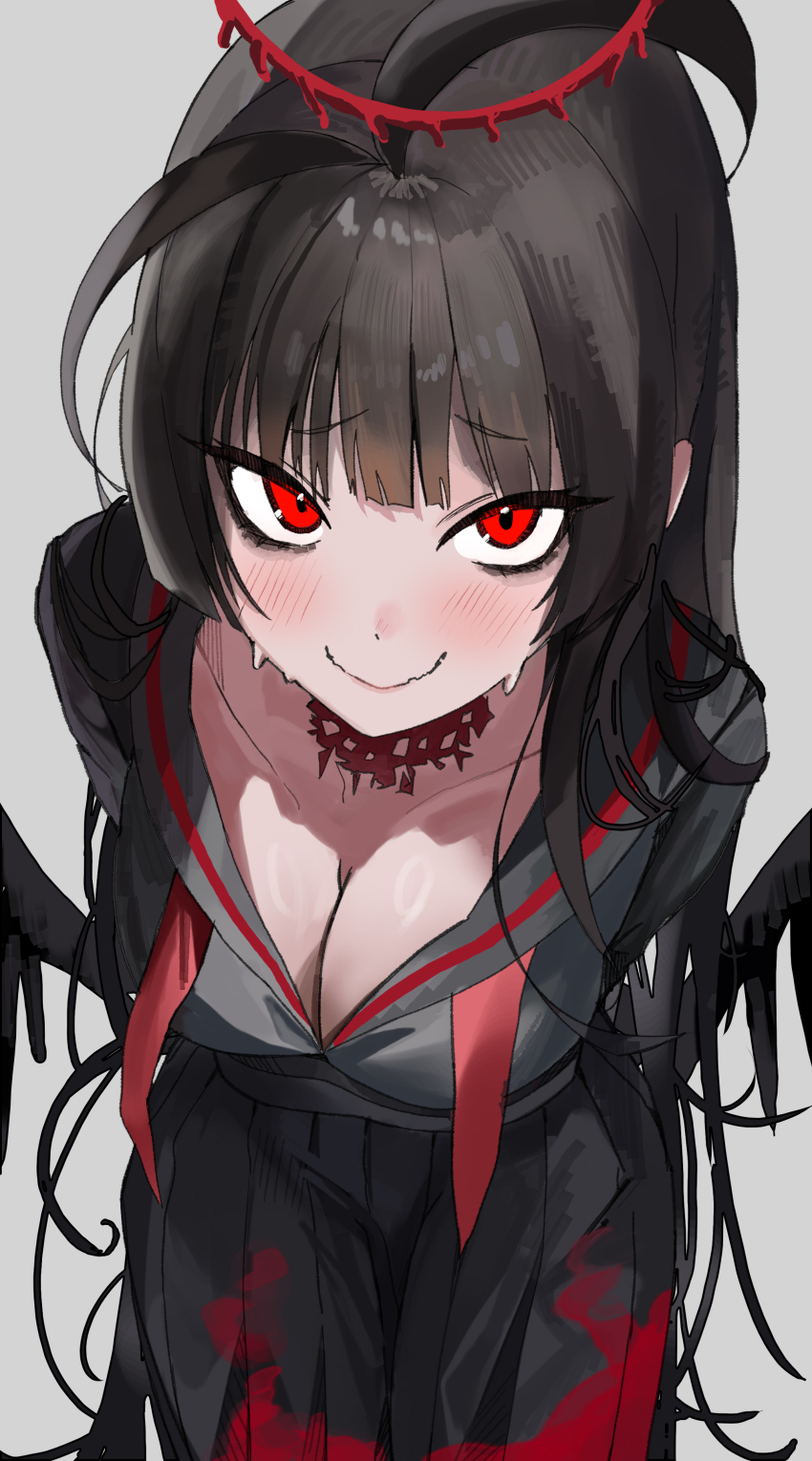 1girl, absurdres, arms_behind_back, bags_under_eyes, black_hair, blue_archive, blush, breasts