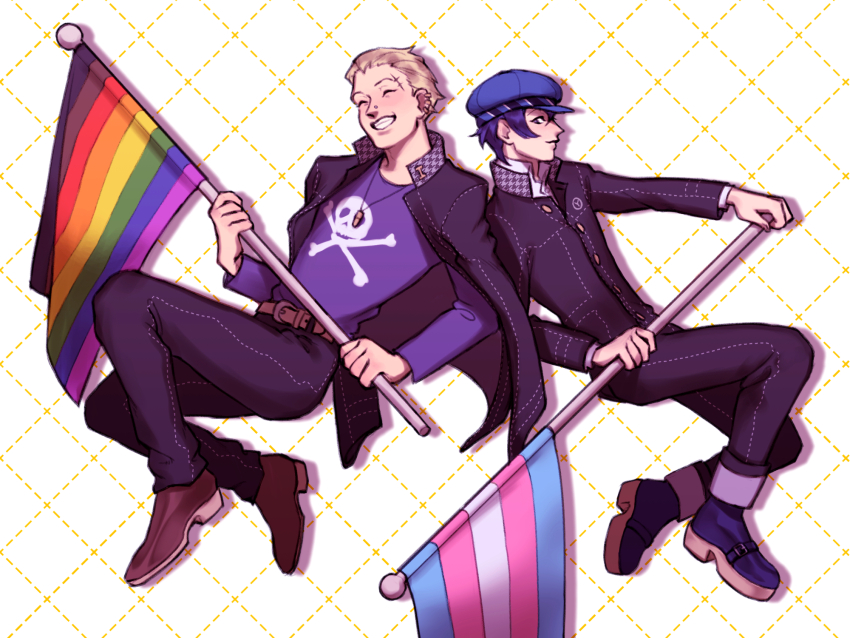 1000_feuille, 1boy, 1girl, androgynous, blonde_hair, blue_eyes, blue_hair, blue_headwear