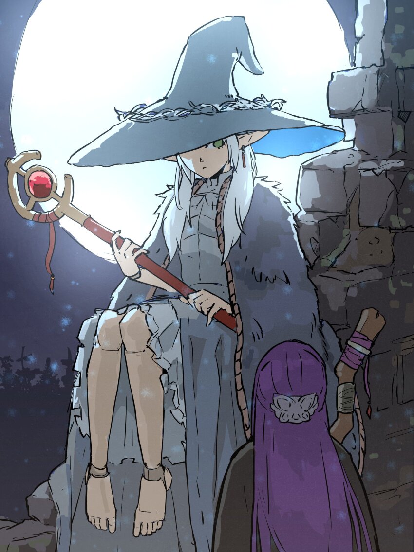 2girls, absurdres, barefoot, cape, cloak, commentary, cosplay, doll_joints, elden_ring, elf, english_commentary, fern_(sousou_no_frieren), frieren, full_body, full_moon, fur_cape, fur_cloak, green_eyes, hat, hat_ornament, highres, holding, holding_staff, joints, large_hat, long_hair, looking_at_another, mage_staff, moon, multiple_girls, night, outdoors, parody, parted_lips, pointy_ears, purple_hair, ranni_the_witch, ranni_the_witch_(cosplay), robe, sitting, sky, sousou_no_frieren, staff, white_hair, witch_hat, wreath, yakutzan