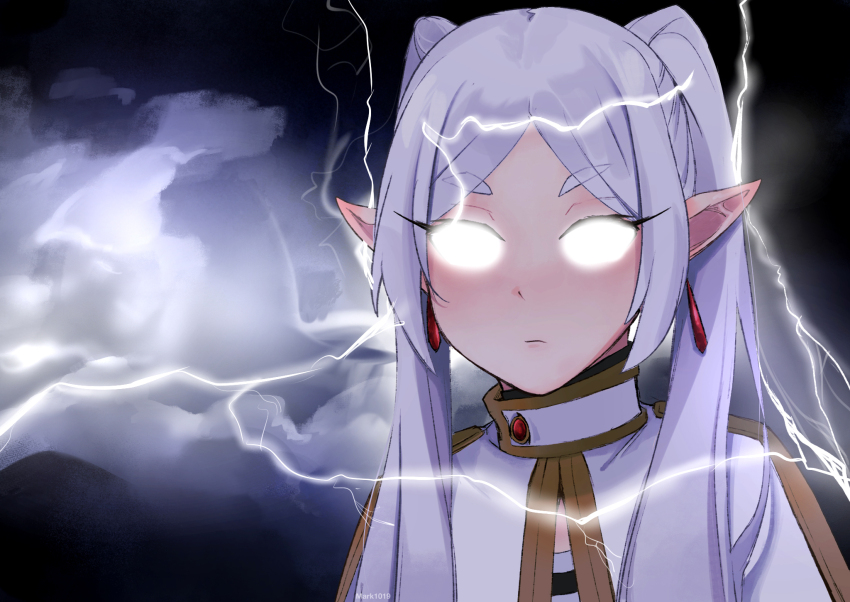 1girl, capelet, closed_mouth, cloud, earrings, frieren, glowing, glowing_eyes