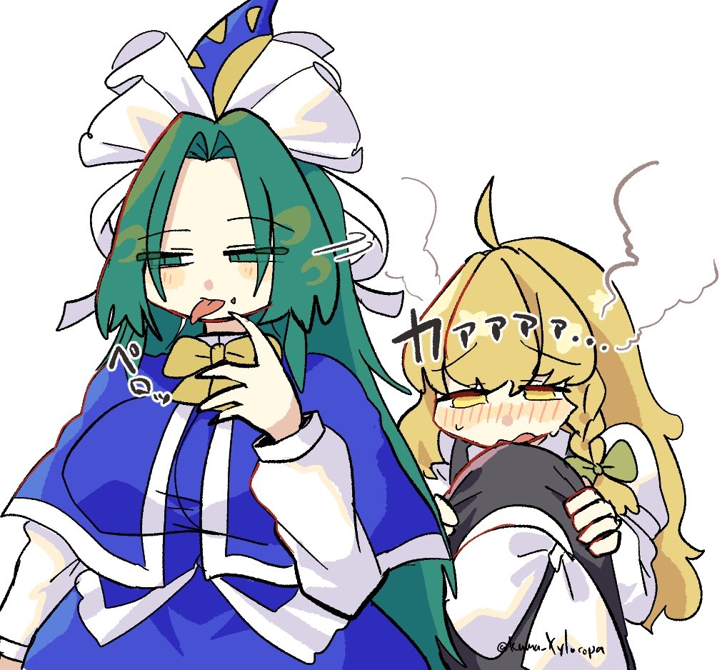 2girls, blonde_hair, blue_dress, blush, bow, braid, dress, green_eyes