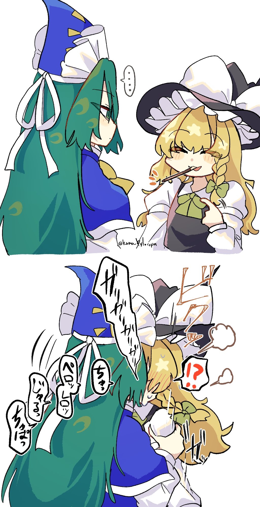 2girls, ?, black_headwear, black_vest, blonde_hair, blue_dress, blue_headwear, bow