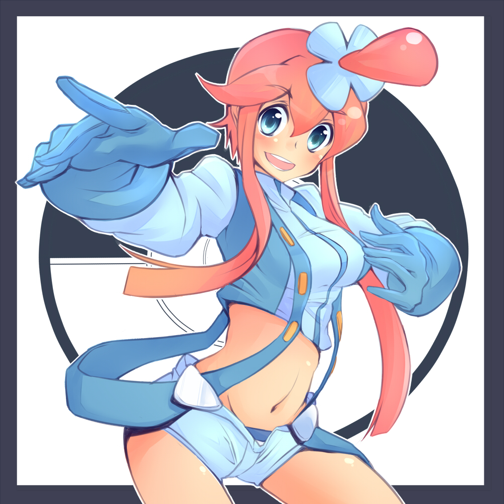 10s, 1girl, blue_eyes, breasts, female_focus, gloves, gym_leader, hair_ornament, iguana, iguana_henshuu-chou, long_sidelocks, midriff, navel, nintendo, pokemon, pokemon_black_and_white, red_hair, short_shorts, shorts, sidelocks, skyla_(pokemon), small_breasts, solo