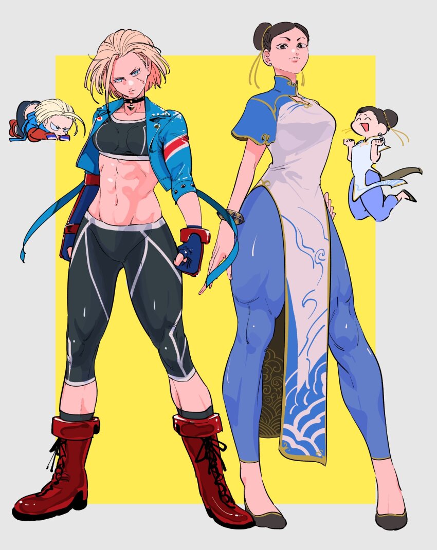 abs, blonde_hair, blue_eyes, breasts, brown_hair, cammy_white, capcom, caxqov, chibi, chun-li, cropped_jacket, earrings, fingerless_gloves, gloves, hair_bun, highres, jacket, jewelry, jumping, large_breasts, long_hair, long_sleeves, medium_breasts, muscular, muscular_female, pants, pelvic_curtain, scar, scar_on_face, short_hair, short_sleeves, squatting, street_fighter, street_fighter_6