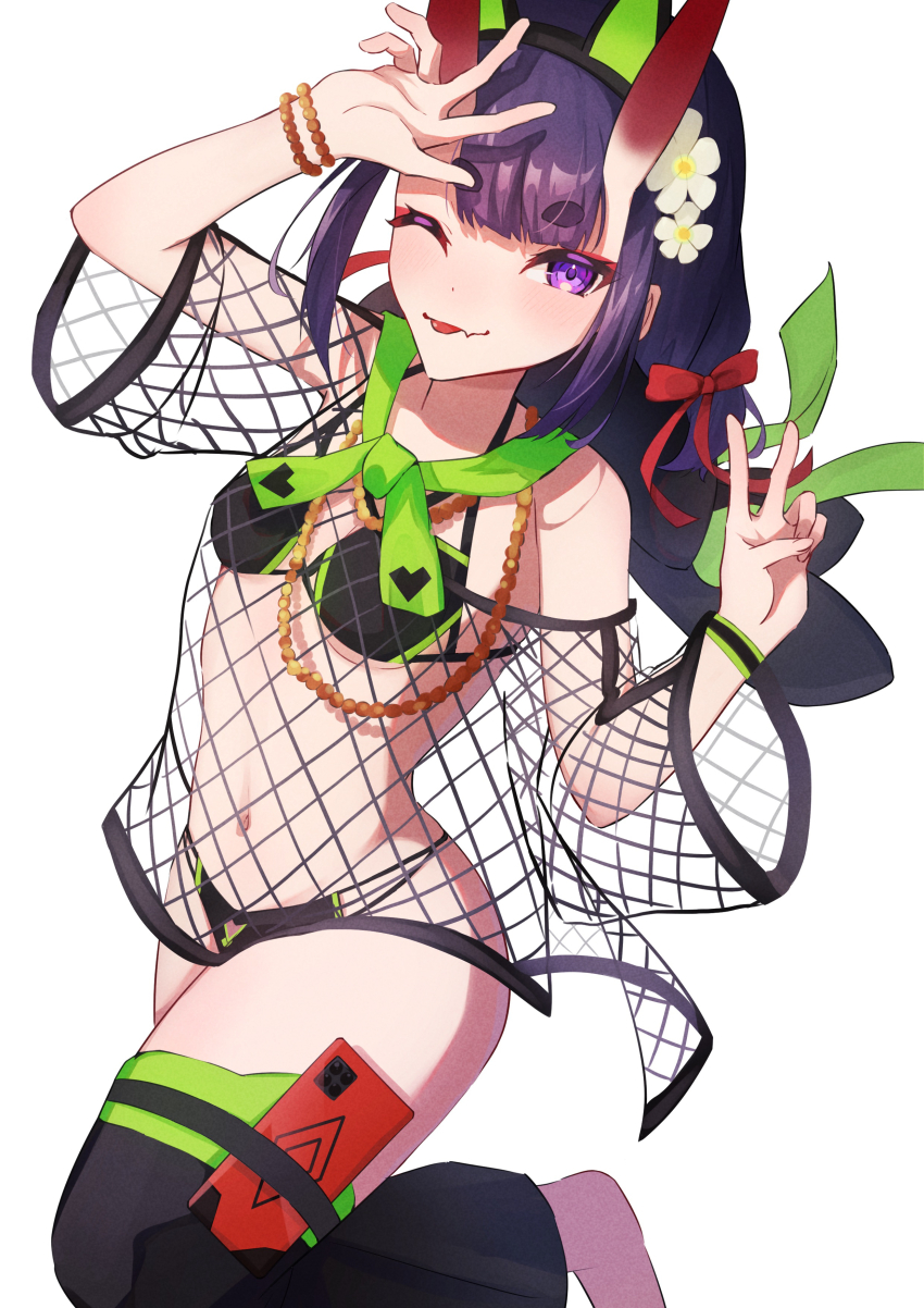 1girl, absurdres, animal_ears, bare_shoulders, bead_bracelet, bead_necklace, beads, bikini, black_bikini, bracelet, breasts, cat_ears, cellphone, chloe_von_einzbern, chloe_von_einzbern_(cosplay), chloe_von_einzbern_(swimsuit_avenger)_(second_ascension), cosplay, detached_leggings, eyeliner, fake_animal_ears, fate/grand_order, fate_(series), fishnet_top, fishnets, flower, green_bikini, hair_flower, hair_ornament, hair_ribbon, hairband, highres, horns, izanaware_game, jewelry, looking_at_viewer, low_twintails, makeup, multicolored_bikini, neck_ribbon, necklace, one_eye_closed, oni, phone, purple_eyes, purple_hair, ribbon, short_hair, shuten_douji_(fate), skin-covered_horns, small_breasts, smile, solo, swimsuit, thigh_strap, tongue, tongue_out, twintails, two-tone_bikini, two-tone_legwear, v