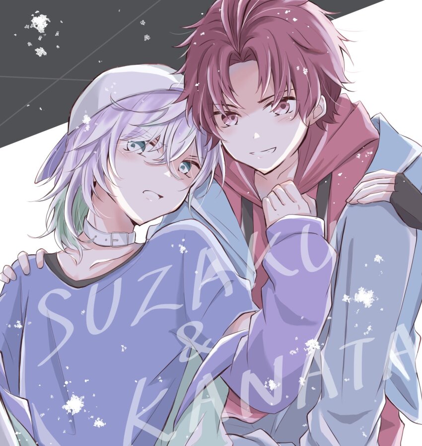 2boys, blue_eyes, blush, character_name, green_hair, grey_background, hari_nyan_nyan, highres