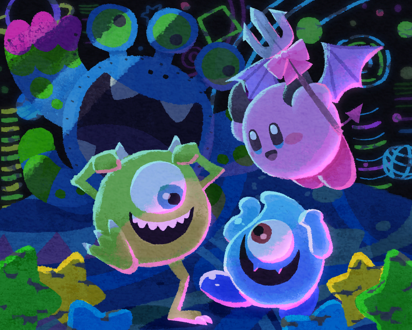 blue_eyes, creature, demon_tail, demon_wings, fangs, holding_polearm, kirby, kirby_(series)