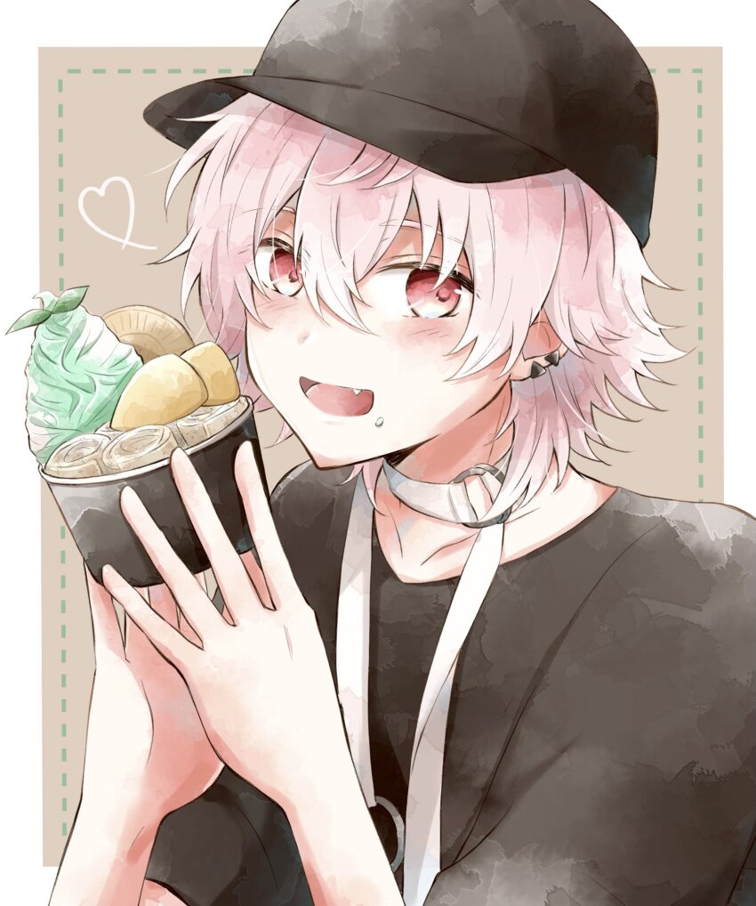 1boy, baseball_cap, black_hat, black_shirt, border, brown_background, choker, dumpling