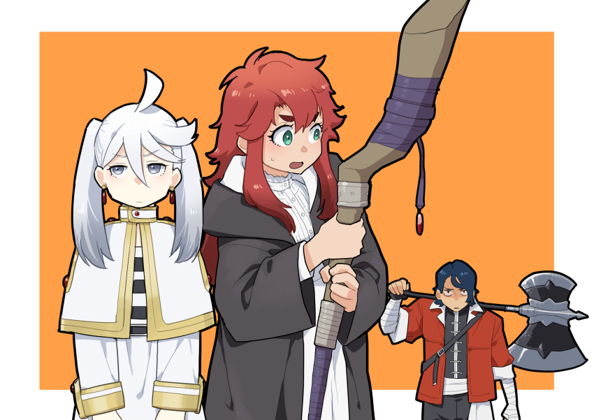 1boy, 2girls, ahoge, aqua_eyes, axe, bandaged_arm, bandages, battle_axe